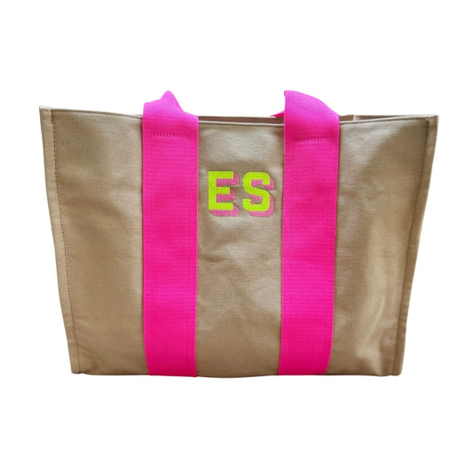 Brown & Neon Pink Canvas Tote Bag